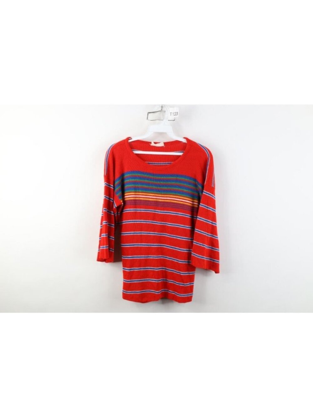 Vintage 70s Babydoll Womens Small Rainbow Striped 3/4 Flared Sleeve Knit Sweater